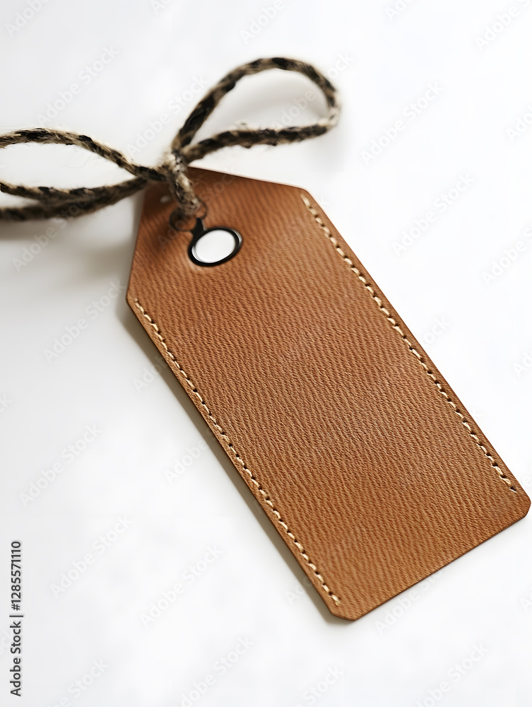 Poster close-up of brown leather tag with twine on white background for branding : generative ai
