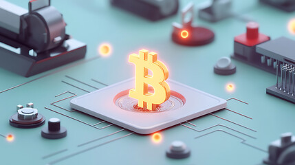 Global bitcoin mining operation digital circuit board 3d graphic tech environment aerial view cryptocurrency innovation