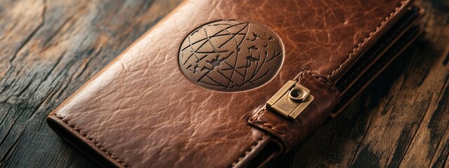 Elegant Brown Leather Journal with World Map Design on Rustic Wooden Table Surface