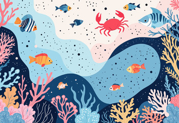 a vibrant underwater scene with a variety of colorful fish swimming amidst coral and plants, set against a light blue background with white polka dots.