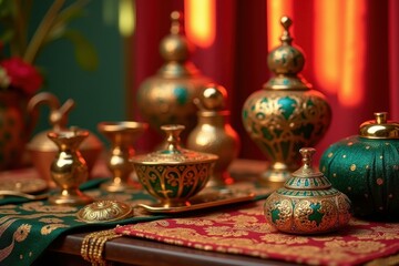 Flower Vase Ideas. Ornate copper and green decorative vases on embroid