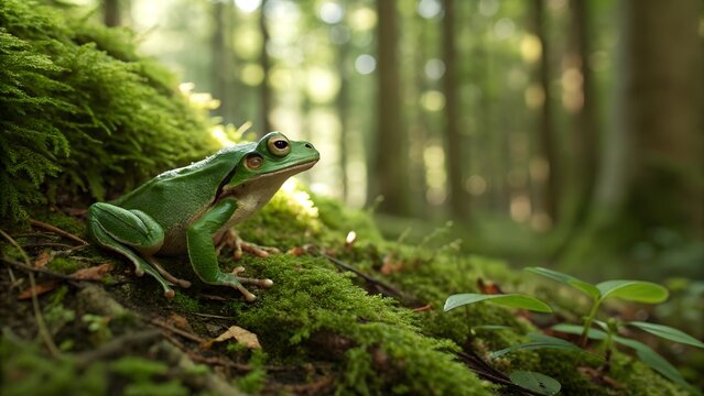 Emerald Sentinel: A vibrant green frog rests peacefully on a moss-covered log in a sun-dappled, thriving forest, symbolizing tranquility and the untouched beauty of nature.