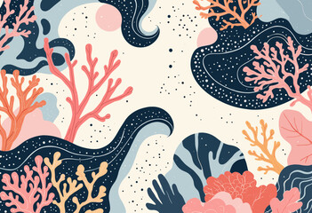 a variety of colorful coral and seaweed, with a mix of pink, orange, blue, and green hues, creating a vibrant and lively underwater scene.