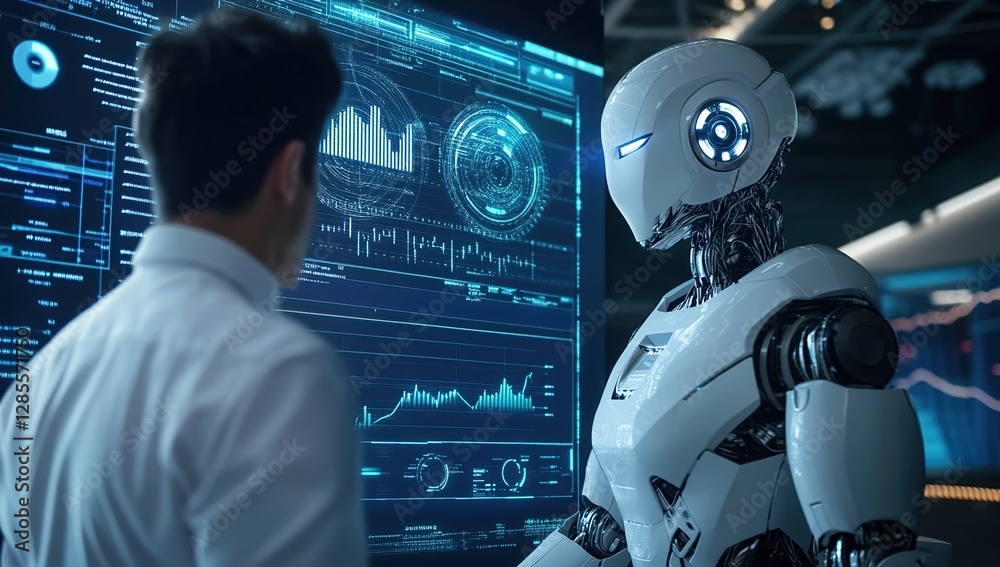 Poster analyst reviews futuristic robot's data efficiently on a screen displaying charts and graphs