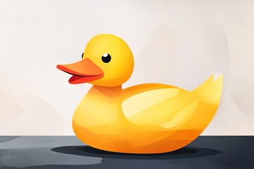 Fototapeta premium Bright yellow rubber duck floating on a smooth surface with a soft neutral background
