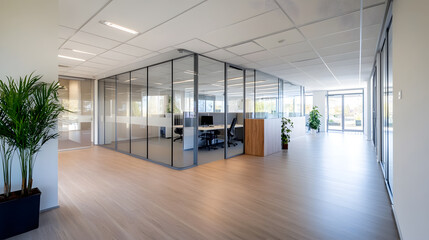 Spacious Modern Office with Glass Walls and Bright Natural Lighting : Generative AI