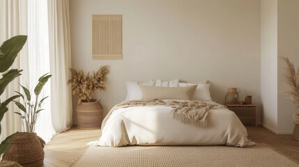 Minimalist Bedroom Design with Natural Textures and Soft Earthy Tones for Calm Atmosphere