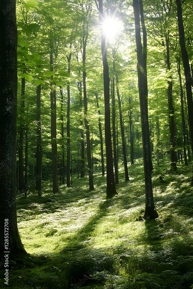 Aufkleber sun-dappled forest with tall green trees and lush undergrowth in springtime sunlight : generative ai