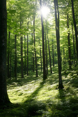 Obraz premium Sun-dappled forest with tall green trees and lush undergrowth in springtime sunlight : Generative AI