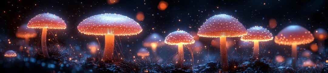 Magical Glowing Mushrooms in a Fantasy Nightscape. Generative AI
