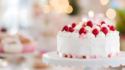 Elegant White Cake Decorated with Fresh Red Berries for Wedding or Celebration : Generative AI