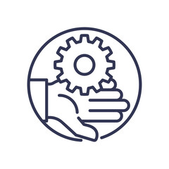 A hand holding a gear symbolizes interaction and collaboration.
