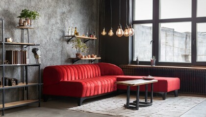 Stylish loft bar corner, red sofa, mock up wall