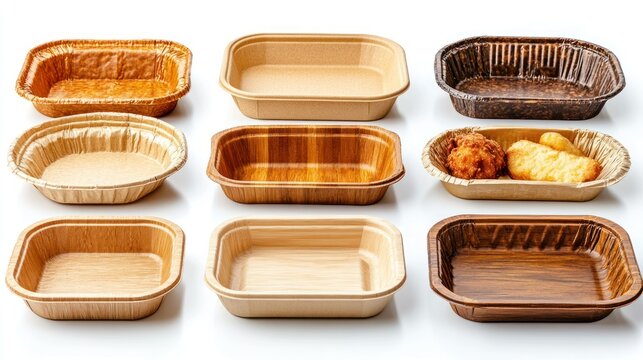 Variety of disposable food containers, rectangular shapes, different colors,  empty containers on white background