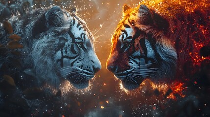 Fierce Primal Rivalry   A Glowing Lion and Tiger Face Off in the Jungle