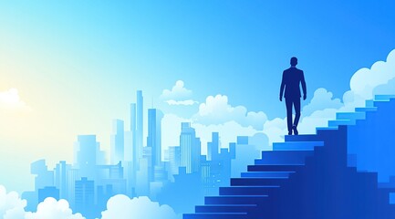 Aspiring Entrepreneur Ascends Steps Towards a Thriving City Skyline, Achieving Success and Growth Through Hard Work and Determination
