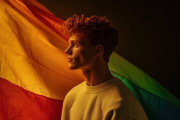 Young man poses with pride flag in dim light, showcasing vibrant colors and a thoughtful expression