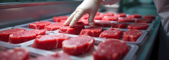 Gloved hand selecting raw beef steaks in trays, food safety