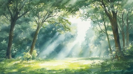 Fototapeta premium Sunlight Filtering Through Lush Green Forest Canopy in a Serene Natural Setting