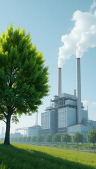 Obraz premium Power plant with green tree and plumes, environmental impact.