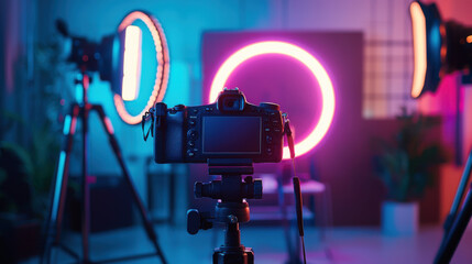 DSLR Camera on Tripod, Neon Lights Studio - Neon lighting
