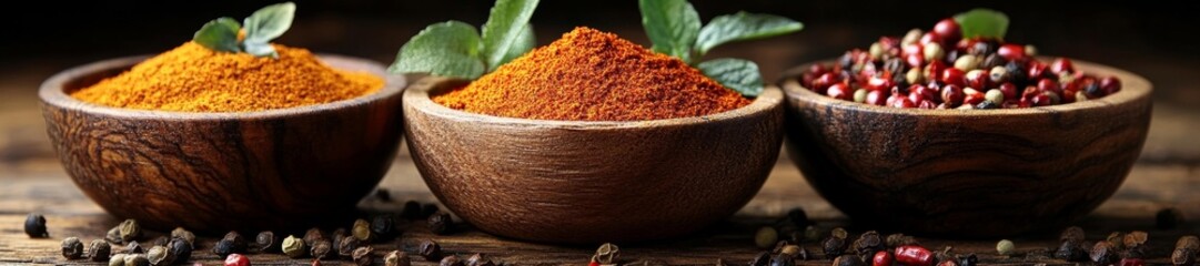 Aromatic Spices and Peppercorns in Wooden Bowls on Rustic Wood. Generative AI