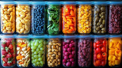 A colorful display of fresh fruits and nuts arranged artistically on a wooden surface for healthy eating