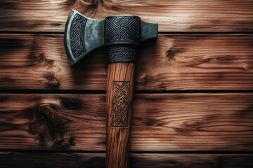 A sharp axe resting on a textured wooden background, creating a rustic and rugged atmosphere with natural wood grain details.