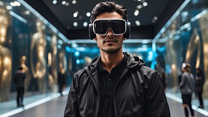 Fototapeta premium A young person wearing a virtual reality headset stands in an art gallery, looking upwards.