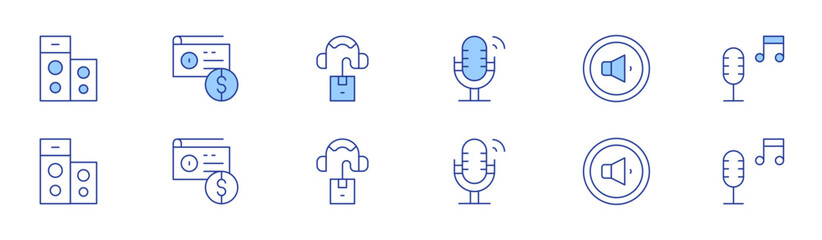 Audio icon set in two styles, Duotone and Thin Line style. Editable stroke. speaker, radio, microphone, volume down, audio, audio guide
