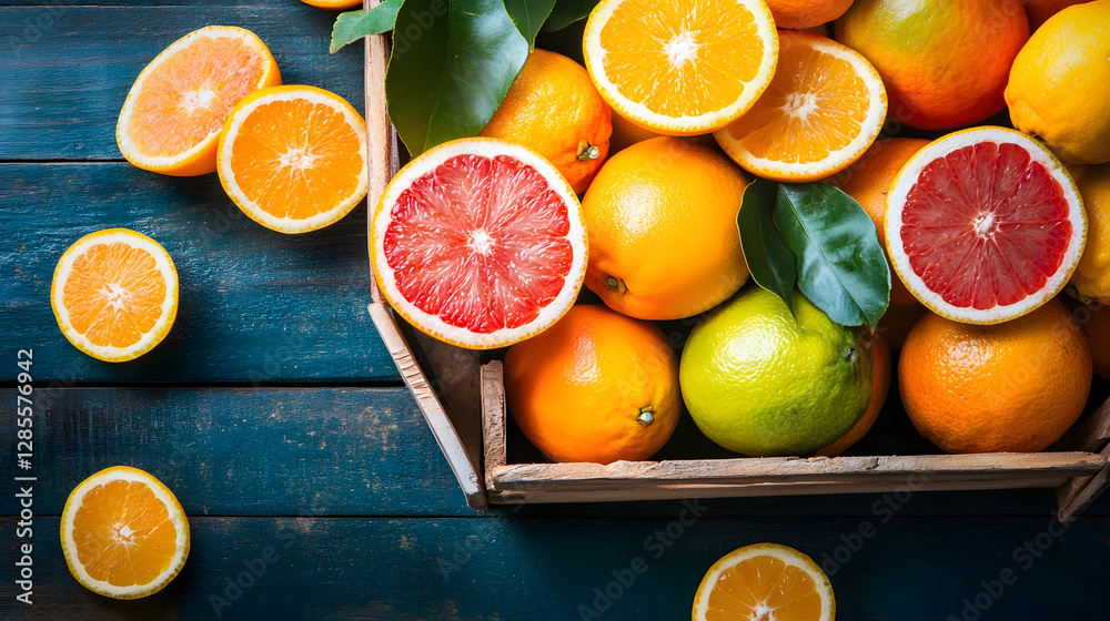 Poster fresh citrus fruits in rustic wooden box on blue wooden table overhead view : generative ai