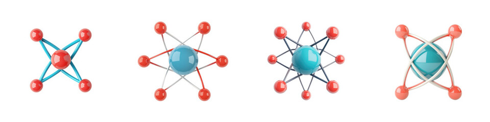 Vibrant 3D renders of various molecular structures atoms and geometric shapes in a digital abstract design  Useful for representing scientific research chemistry technology and educational concepts