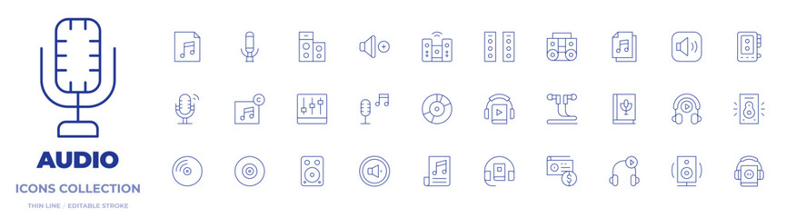 Audio icons collection. Thin Line icons, editable stroke. boombox, earphones, radio, music, vinyl record, home cinema, book, audio, audio system, speaker