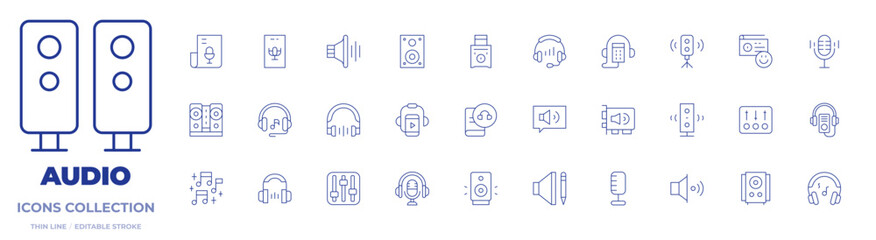 Audio icons collection. Thin Line icons, editable stroke. subwoofer, speaker, radio, sound, controller, music, audiobook, headset, audio, audio guide, podcast