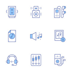 Audio icons set. Line Duotone style, editable stroke. speaker, music, dj mixer, speakers, headphones, mp player, audio, audio file, music player
