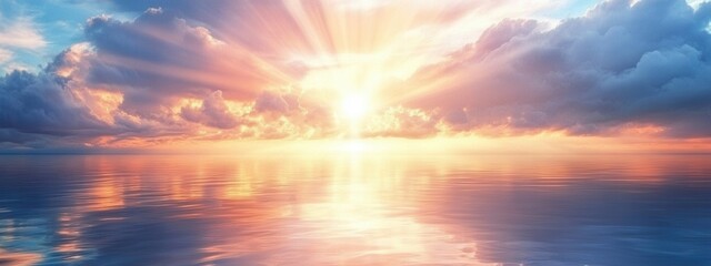 Fototapeta premium Breathtaking Sunrise Over Tranquil Ocean Waters with Colorful Cloudscape and Soft Ripples