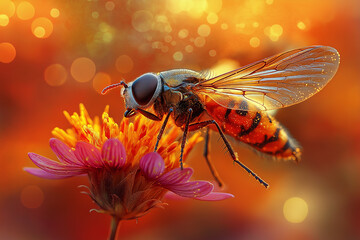 Naklejka premium Golden Hour Insect on Vibrant Bloom Macro Photography