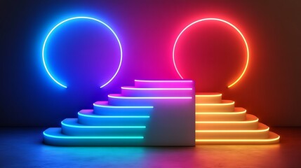 Neon Lit Staircase With Circular Background Lights