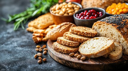 Freshly baked bread and assorted nuts arranged artfully on a natural wooden cutting board
