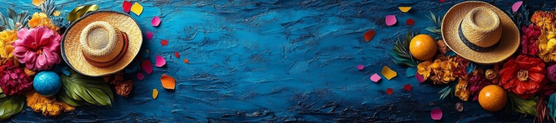 Fototapeta premium Vibrant Mexican Fiesta Decorations with Flowers and Colorful Hats. Generative AI