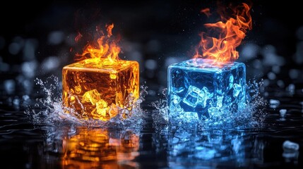 Fiery ice cubes dramatically clashing and melting into a dynamic liquid surface creating a powerful visual contrast of hot and cold elements in an abstract conceptual scene