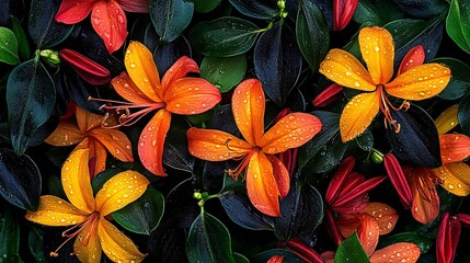 Vibrant Orange and Red Flowers with Dew Drops - Close-Up Botanical Photography AI Generated
