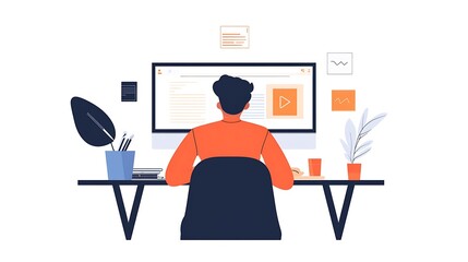 Fototapeta premium Remote work setup home office digital illustration modern workspace