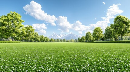 Spring meadow, mountains, sunny day, peaceful landscape, nature background