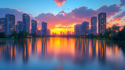 Fototapeta premium City Sunset Reflections on Lake