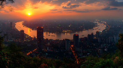 Fototapeta premium City Sunset River Bend Panoramic