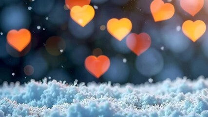 Glowing heart bokeh over winter snowy landscape with falling snowflakes - Powered by Adobe