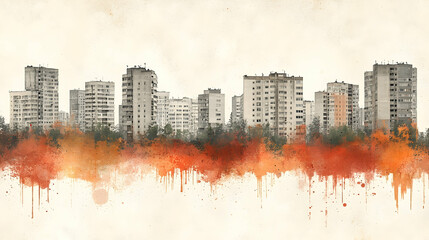 Fototapeta premium Cityscape, Urban, Watercolor, Buildings