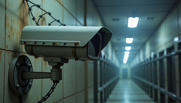 Rusty security camera in a prison hallway
