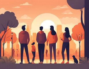 Fototapeta premium Group of friends gathered in a city park during sunset. Warm colors and modern flat background.